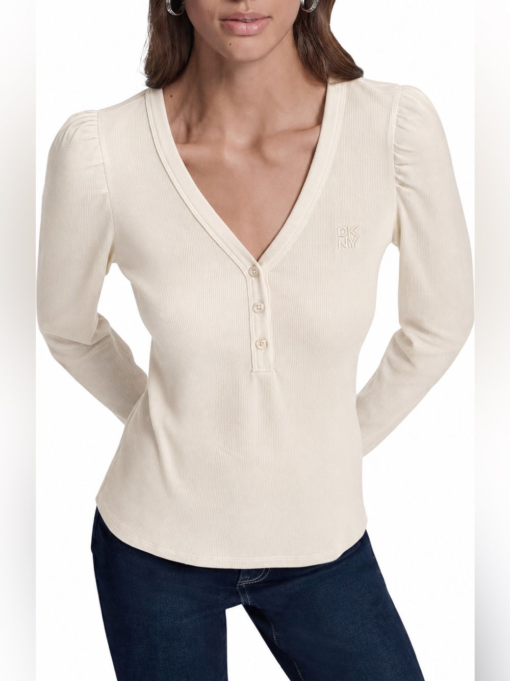 DKNY Jeans NWT Eggnog Ribbed Puff Sleeve Henley Top – Small